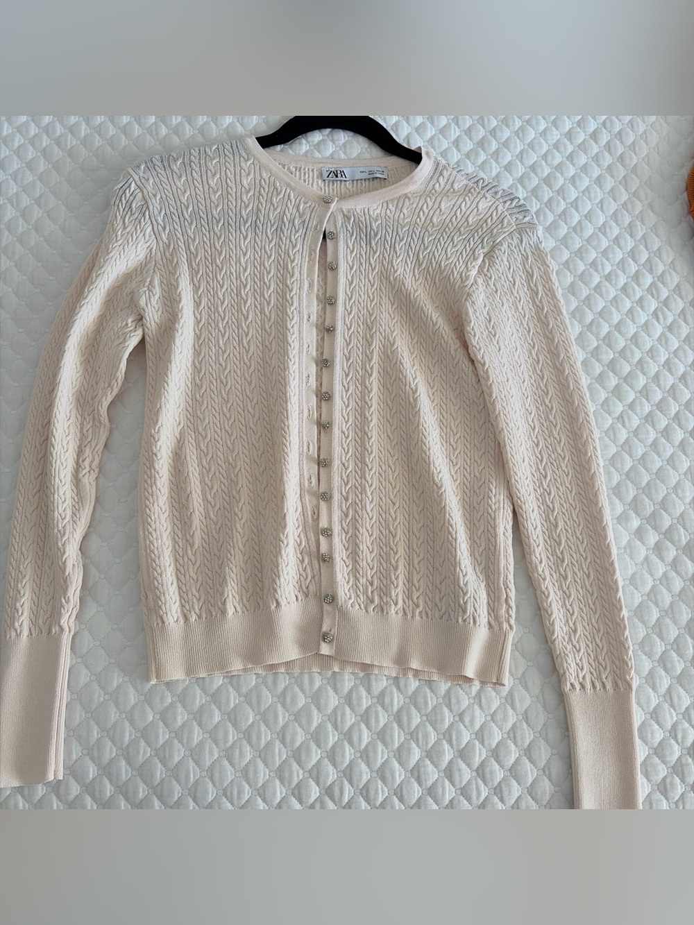 Zara Cream/ Light Pink Cable-Knit Button Cardigan Sweater